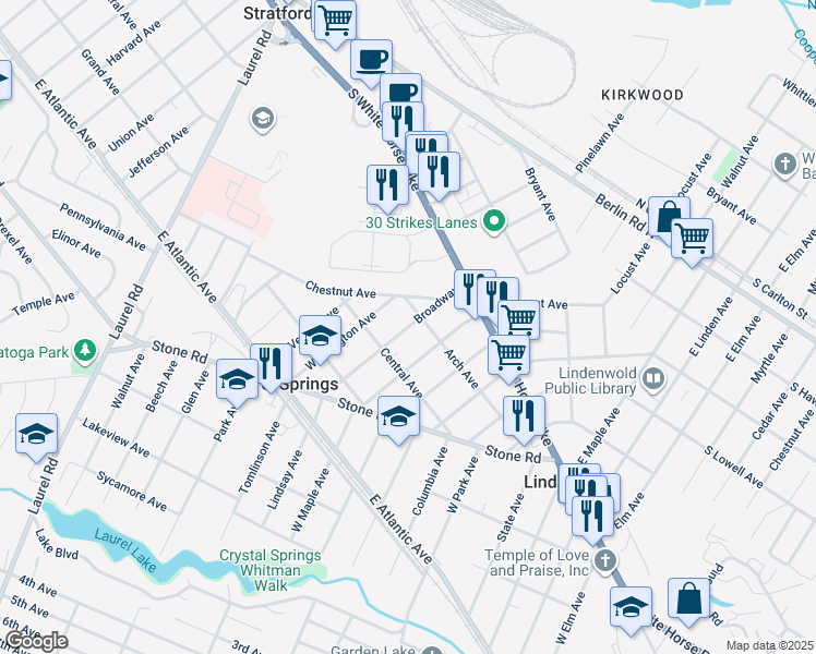 map of restaurants, bars, coffee shops, grocery stores, and more near 116 Fairmount Avenue in Laurel Springs