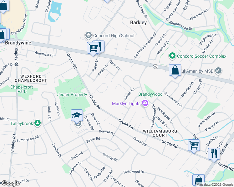 map of restaurants, bars, coffee shops, grocery stores, and more near 2109 Anson Road in Wilmington