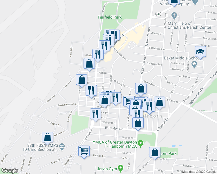 map of restaurants, bars, coffee shops, grocery stores, and more near 401 Middle Street in Fairborn