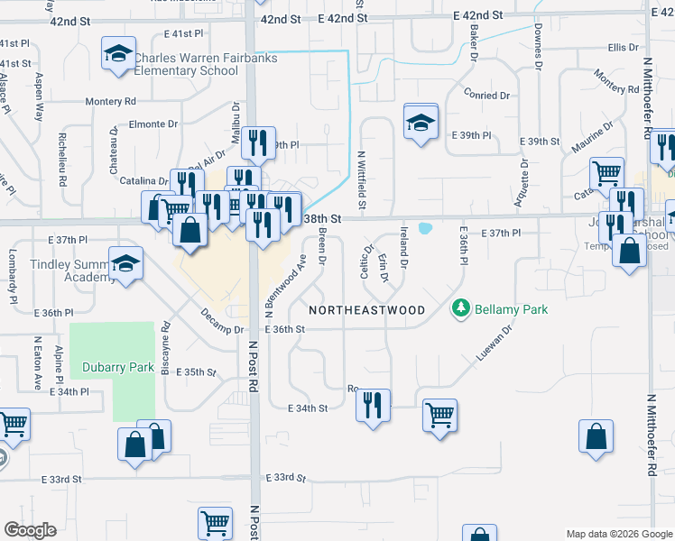map of restaurants, bars, coffee shops, grocery stores, and more near 3649 North Wittfield Street in Indianapolis