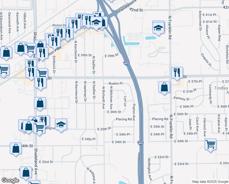map of restaurants, bars, coffee shops, grocery stores, and more near 3648 North Mitchner Avenue in Indianapolis
