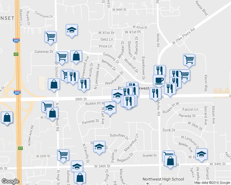 map of restaurants, bars, coffee shops, grocery stores, and more near in Indianapolis