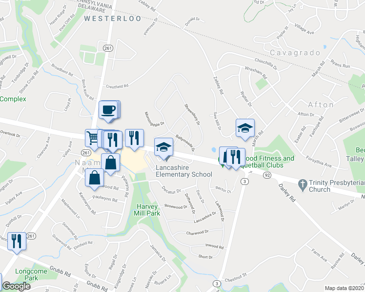 map of restaurants, bars, coffee shops, grocery stores, and more near 608 Seabury Drive in Wilmington