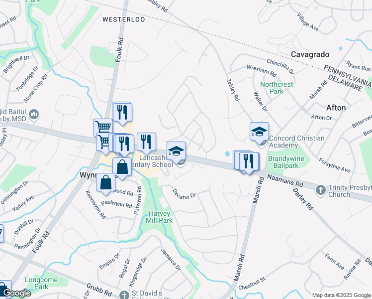 map of restaurants, bars, coffee shops, grocery stores, and more near 725 West Oakmeade Drive in Wilmington