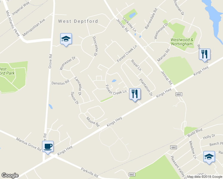 map of restaurants, bars, coffee shops, grocery stores, and more near 23 Maplewood Court in West Deptford