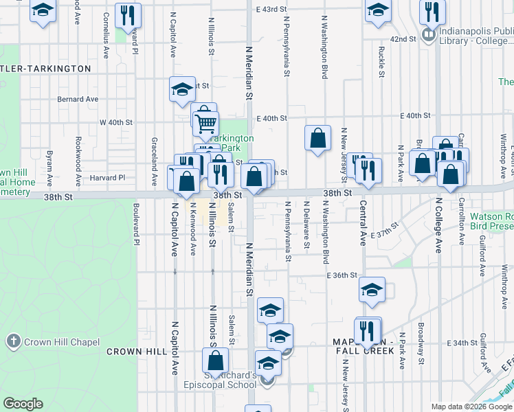 map of restaurants, bars, coffee shops, grocery stores, and more near 3777 North Meridian Street in Indianapolis