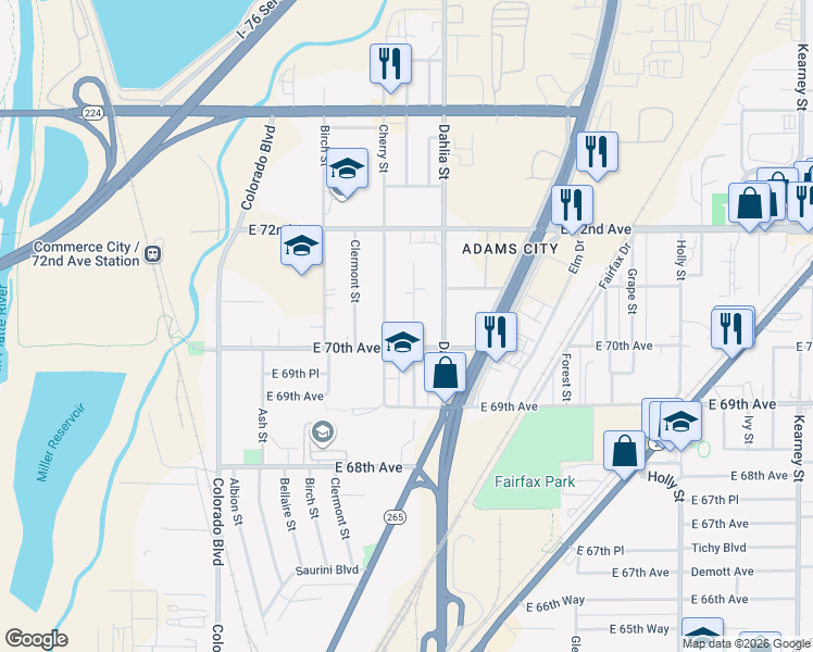 map of restaurants, bars, coffee shops, grocery stores, and more near 7070 Dexter Street in Commerce City