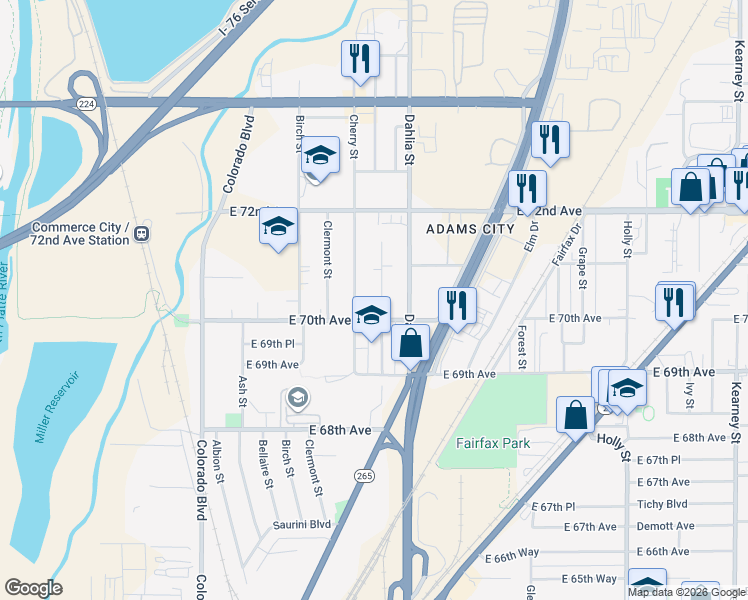 map of restaurants, bars, coffee shops, grocery stores, and more near 7070 Dexter Street in Commerce City