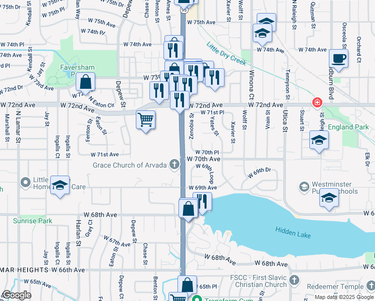 map of restaurants, bars, coffee shops, grocery stores, and more near 7040 Zenobia Street in Westminster