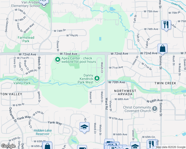 map of restaurants, bars, coffee shops, grocery stores, and more near 7096 Wright Court in Arvada