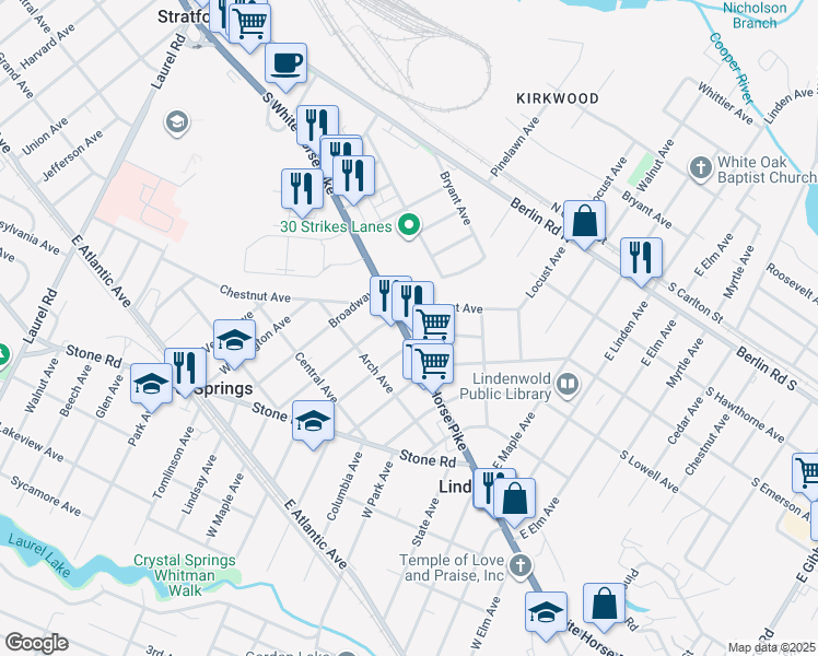map of restaurants, bars, coffee shops, grocery stores, and more near 8 Fairmount Avenue in Lindenwold