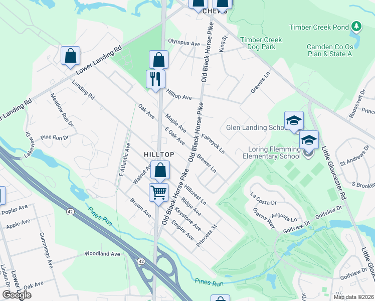 map of restaurants, bars, coffee shops, grocery stores, and more near 43 East Oak Avenue in Camden County
