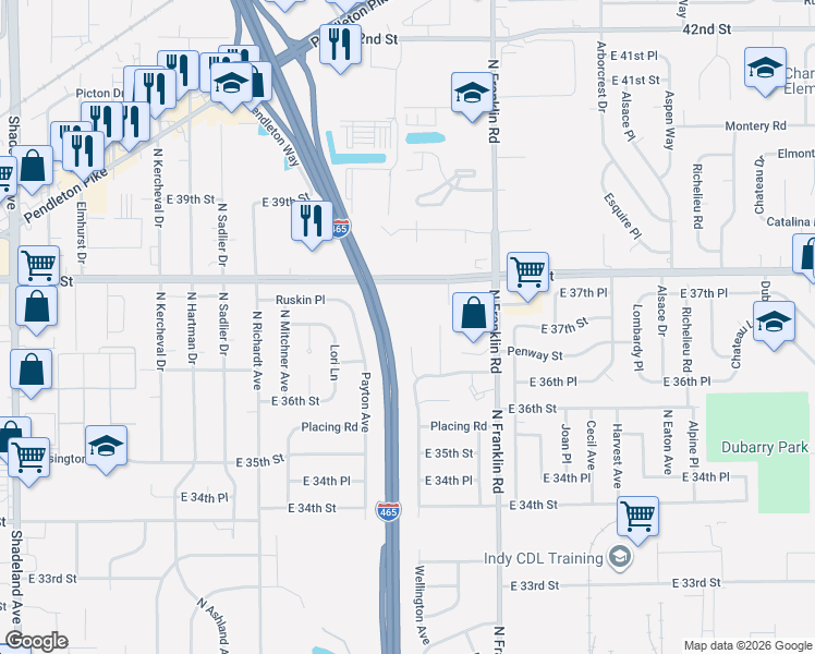 map of restaurants, bars, coffee shops, grocery stores, and more near 7801 East 38th Street in Indianapolis