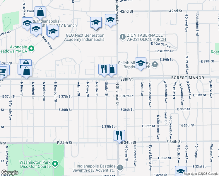 map of restaurants, bars, coffee shops, grocery stores, and more near 3637 East 38th Street in Indianapolis