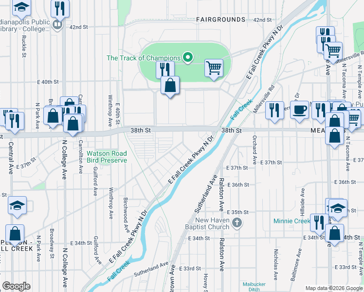 map of restaurants, bars, coffee shops, grocery stores, and more near 1357 East 38th Street in Indianapolis