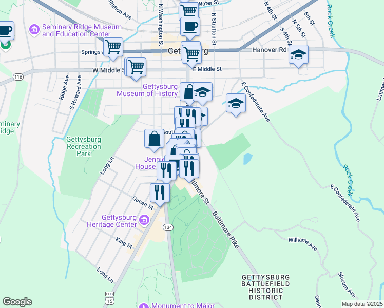 map of restaurants, bars, coffee shops, grocery stores, and more near 460 Baltimore Street in Gettysburg