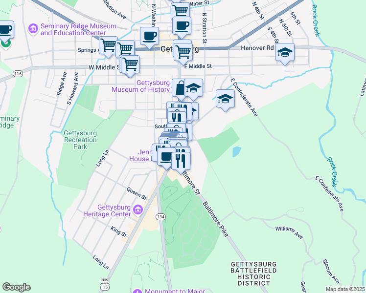 map of restaurants, bars, coffee shops, grocery stores, and more near 460 Baltimore Street in Gettysburg