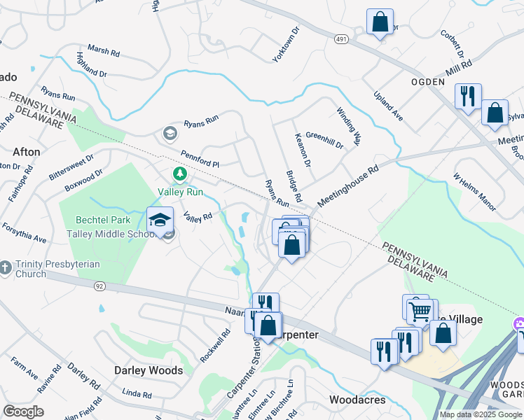 map of restaurants, bars, coffee shops, grocery stores, and more near 27301 Valley Run Drive in Wilmington