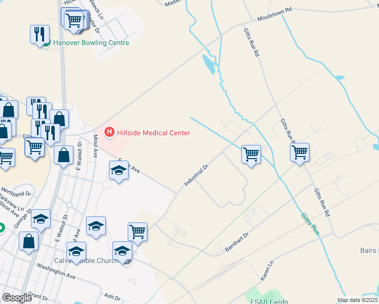map of restaurants, bars, coffee shops, grocery stores, and more near 21 Industrial Drive in Hanover