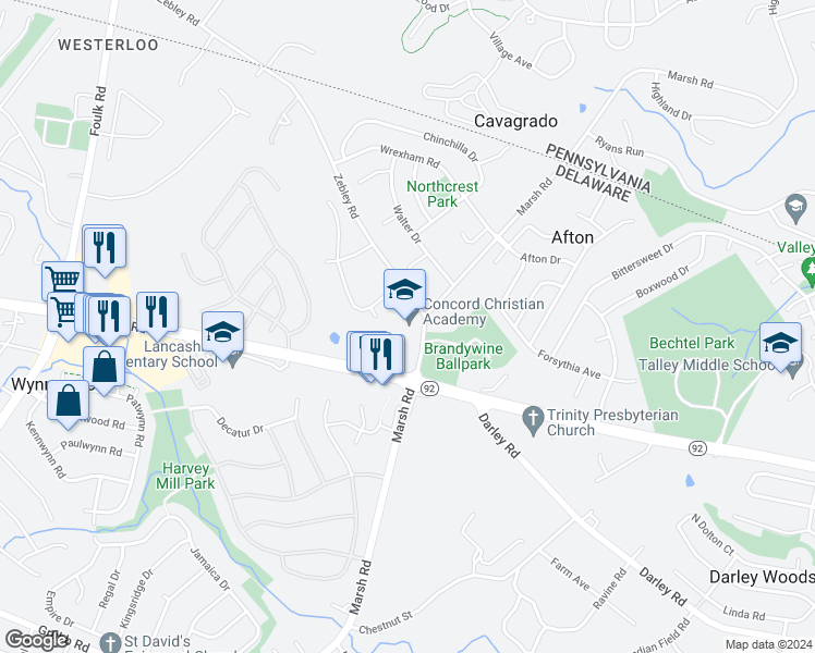 map of restaurants, bars, coffee shops, grocery stores, and more near 1800 Zebley Road in Wilmington