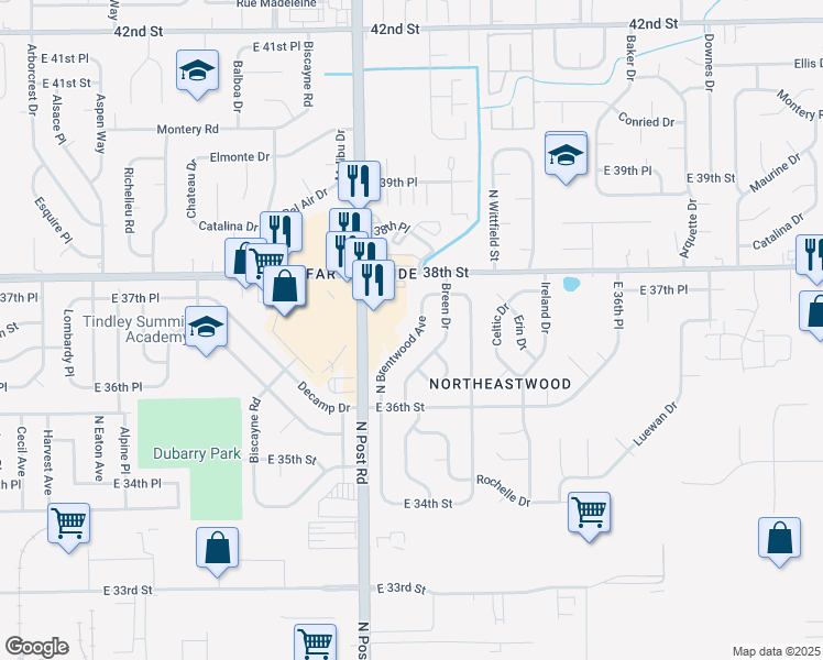 map of restaurants, bars, coffee shops, grocery stores, and more near 3720 North Brentwood Avenue in Indianapolis