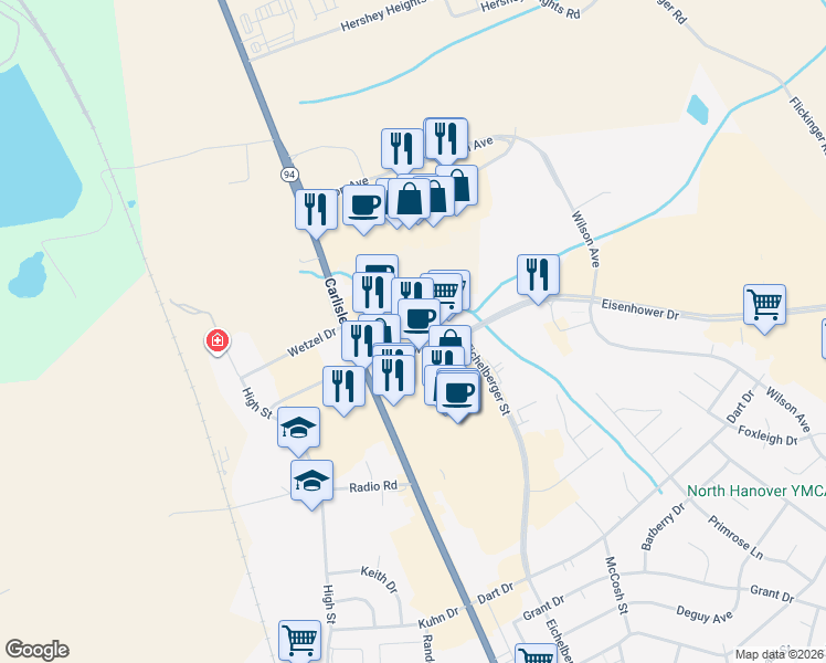 map of restaurants, bars, coffee shops, grocery stores, and more near 110 Eisenhower Drive in Hanover