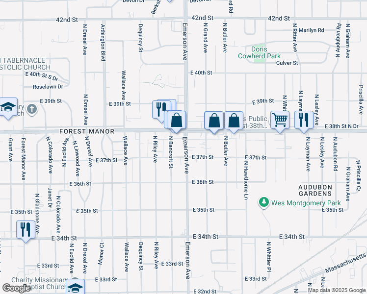 map of restaurants, bars, coffee shops, grocery stores, and more near 3722 North Emerson Avenue in Indianapolis