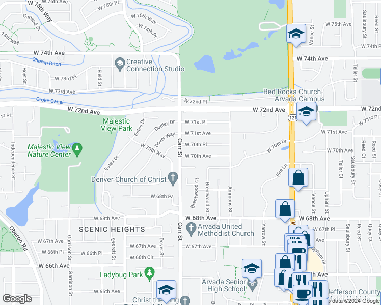map of restaurants, bars, coffee shops, grocery stores, and more near 8351 West 70th Avenue in Arvada