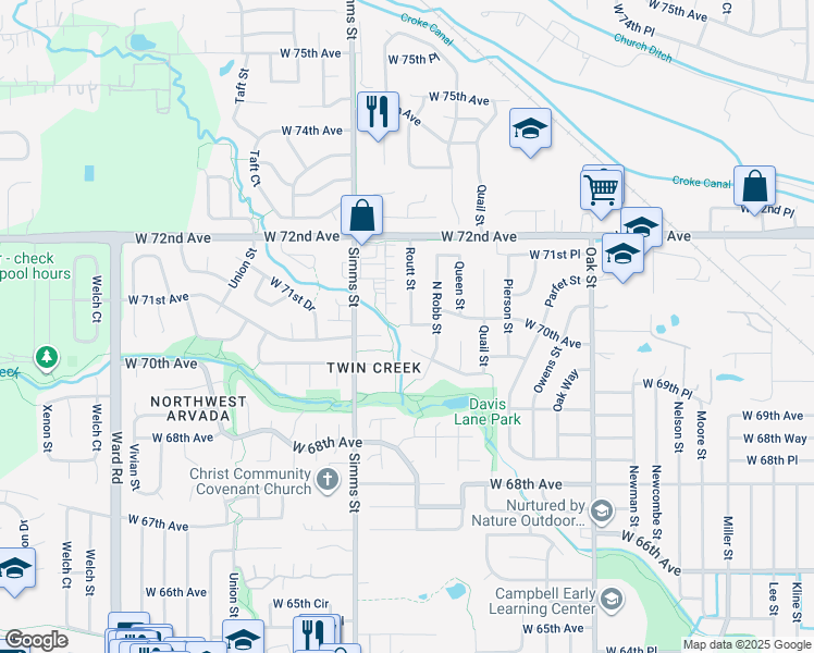 map of restaurants, bars, coffee shops, grocery stores, and more near 7040 Routt Street in Arvada