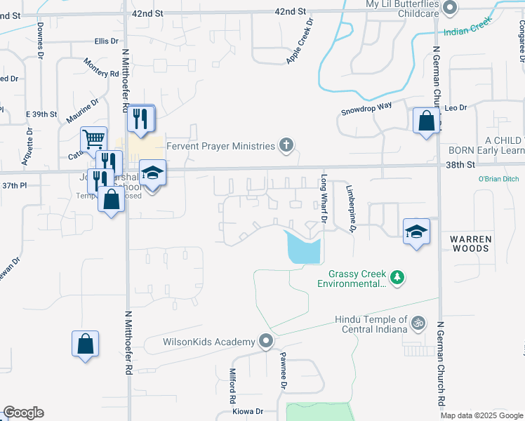 map of restaurants, bars, coffee shops, grocery stores, and more near 3645 Wingate Court in Indianapolis
