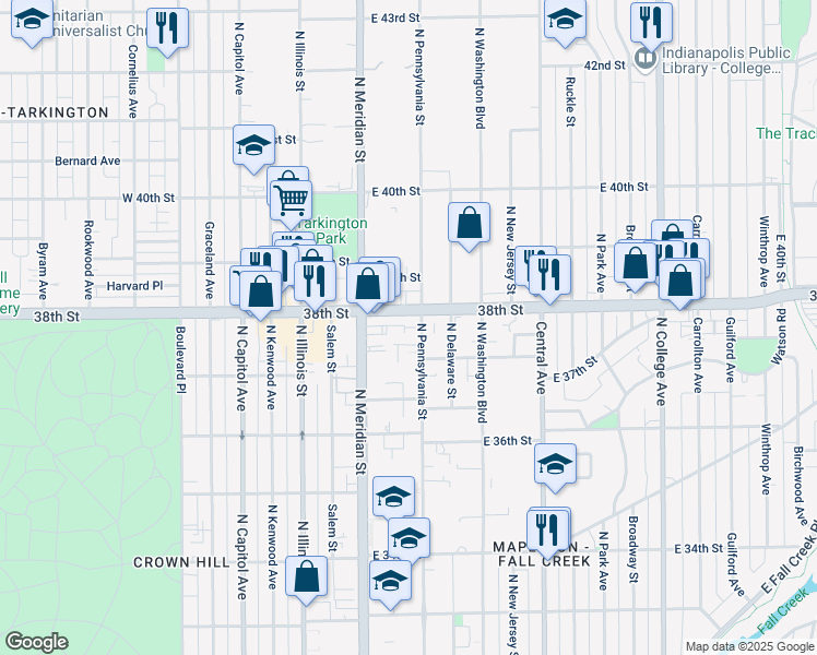 map of restaurants, bars, coffee shops, grocery stores, and more near 3801n North Meridian Street in Indianapolis