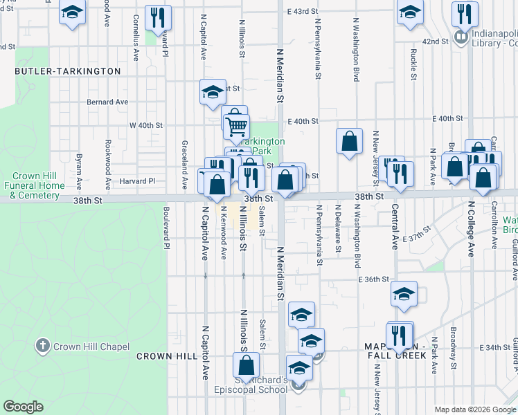 map of restaurants, bars, coffee shops, grocery stores, and more near 46 West 38th Street in Indianapolis