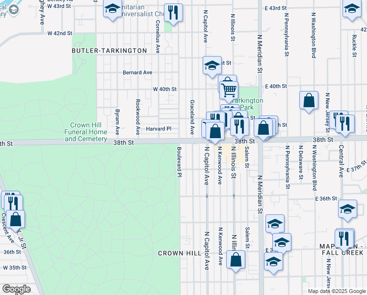 map of restaurants, bars, coffee shops, grocery stores, and more near in Indianapolis