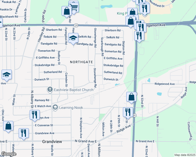 map of restaurants, bars, coffee shops, grocery stores, and more near 1918-1930 Stonehenge Rd in Springfield