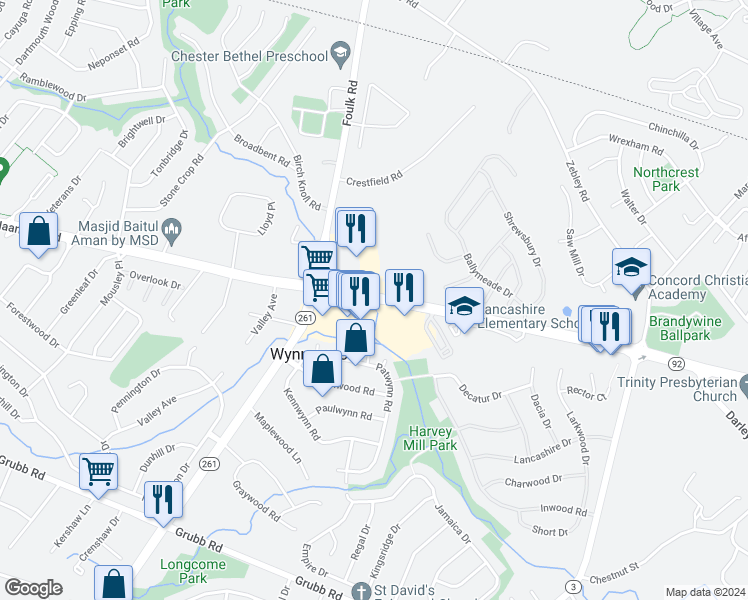 map of restaurants, bars, coffee shops, grocery stores, and more near 2002 Naamans Road in Wilmington