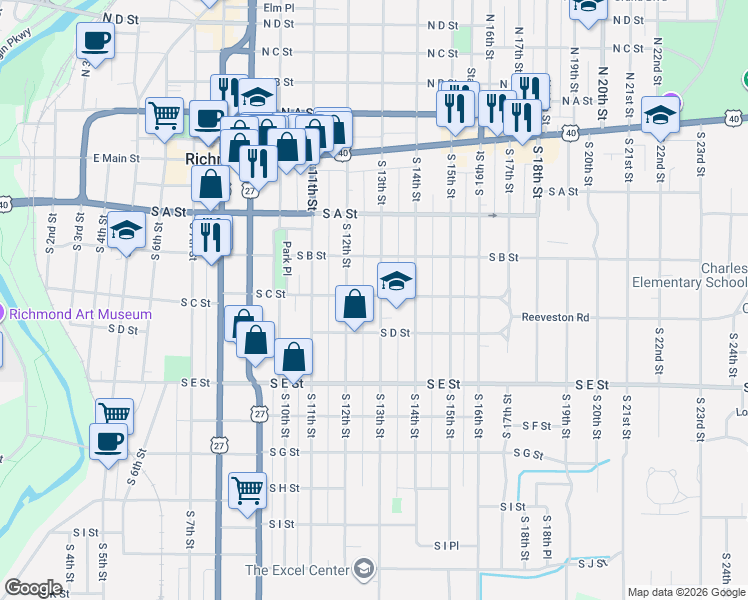 map of restaurants, bars, coffee shops, grocery stores, and more near 224 South 13th Street in Richmond