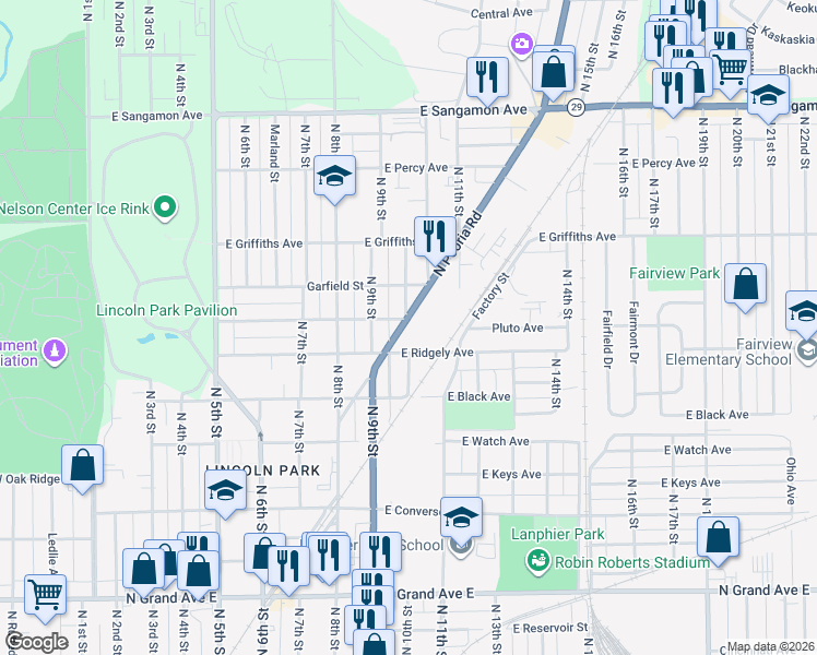 map of restaurants, bars, coffee shops, grocery stores, and more near 1809 North Peoria Road in Springfield