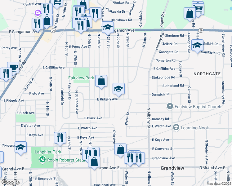 map of restaurants, bars, coffee shops, grocery stores, and more near 1805 North 22nd Street in Springfield