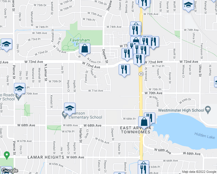 map of restaurants, bars, coffee shops, grocery stores, and more near 7122 Depew Court in Arvada