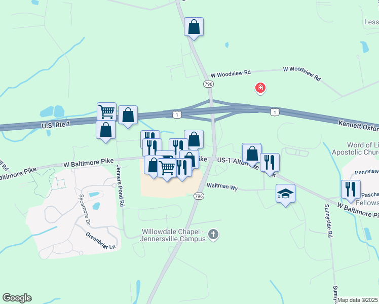 map of restaurants, bars, coffee shops, grocery stores, and more near 816 Old Baltimore Pike in West Grove