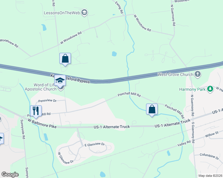 map of restaurants, bars, coffee shops, grocery stores, and more near Kennett Oxford Bypass in West Grove