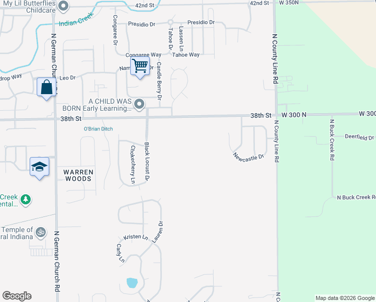 map of restaurants, bars, coffee shops, grocery stores, and more near 11517 East 38th Street in Indianapolis