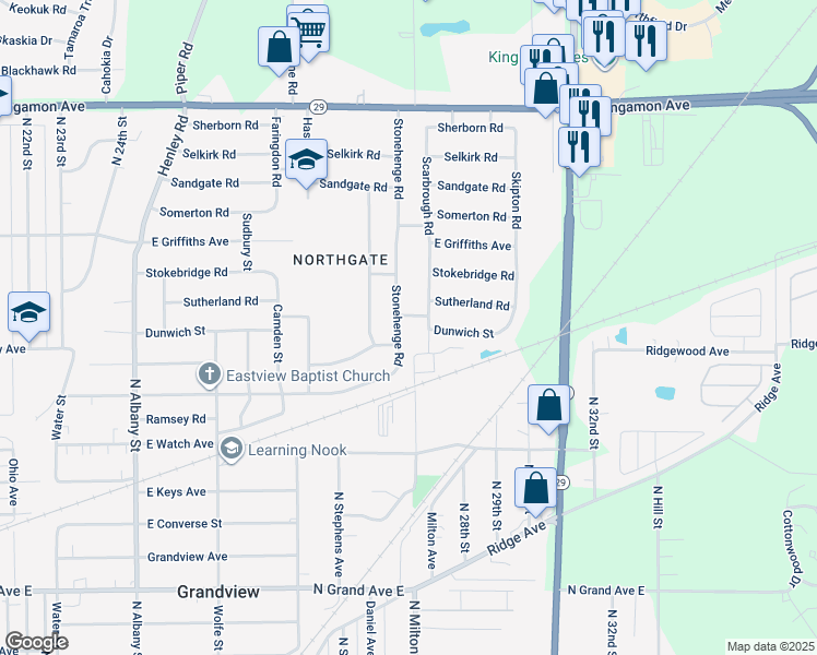 map of restaurants, bars, coffee shops, grocery stores, and more near 1918-1930 Stonehenge Rd in Springfield