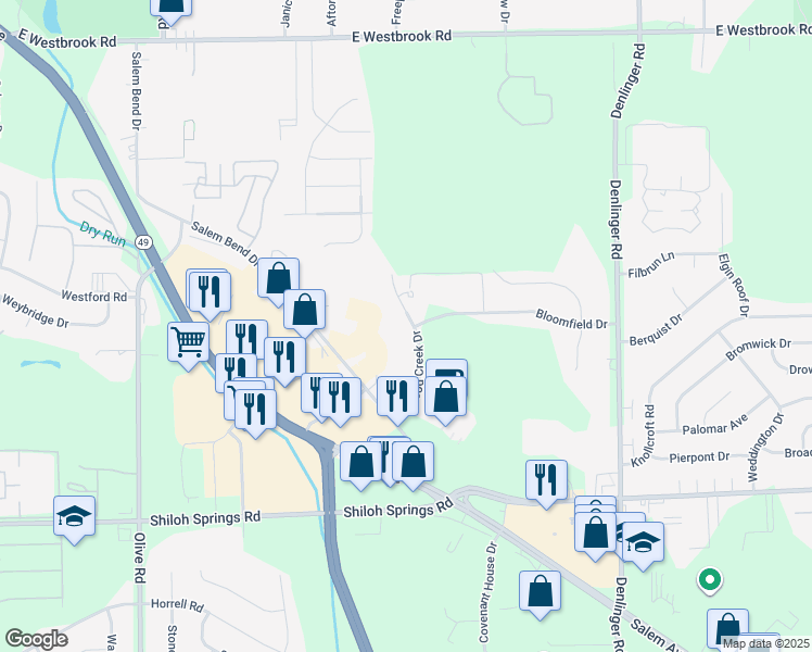 map of restaurants, bars, coffee shops, grocery stores, and more near 5401 Wood Creek Drive in Trotwood