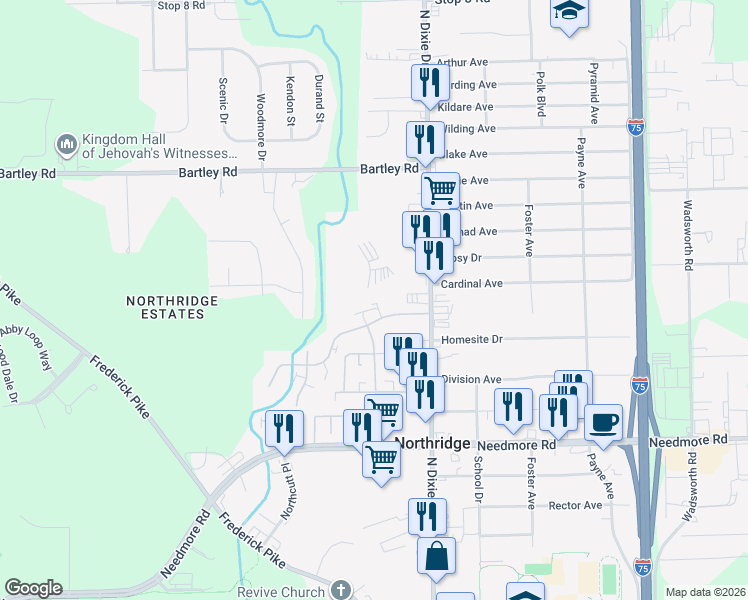 map of restaurants, bars, coffee shops, grocery stores, and more near 2021 Palisades Drive in Dayton