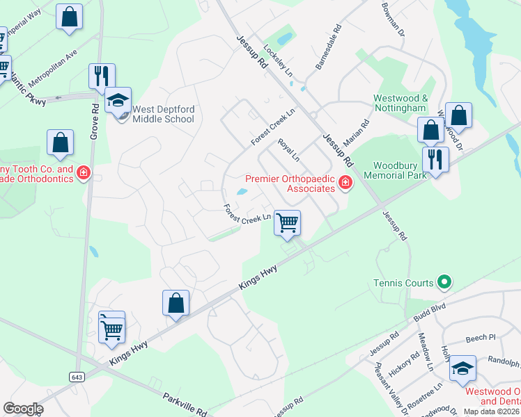 map of restaurants, bars, coffee shops, grocery stores, and more near 64 Woodway Drive in West Deptford