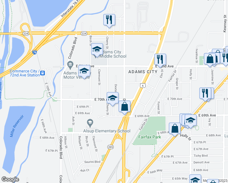 map of restaurants, bars, coffee shops, grocery stores, and more near 7041 Dexter Street in Commerce City