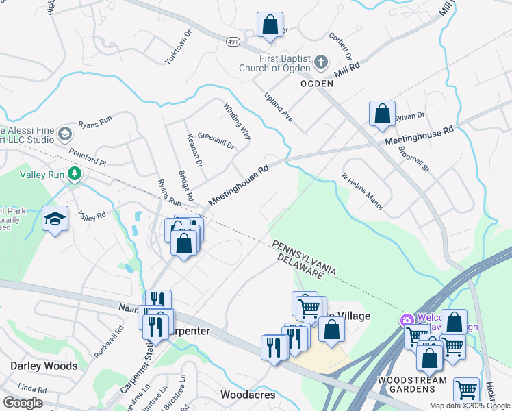 map of restaurants, bars, coffee shops, grocery stores, and more near 3131 Meetinghouse Road in Boothwyn