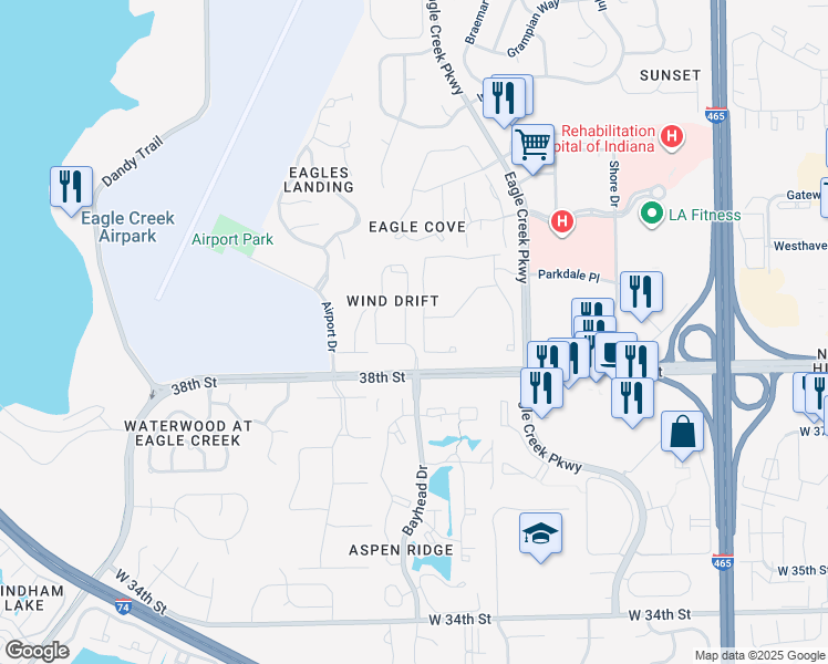 map of restaurants, bars, coffee shops, grocery stores, and more near 3833 Wind Drift Drive in Indianapolis