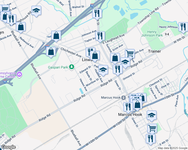 map of restaurants, bars, coffee shops, grocery stores, and more near 1519 Cooper Drive in Marcus Hook